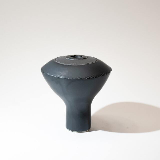Hand Made Sculptural Domed Vase Form, Stoneware Fired in A Semi-Matte Black Glaze, With Circular Textured Manganese Oxide Decoration - image 1