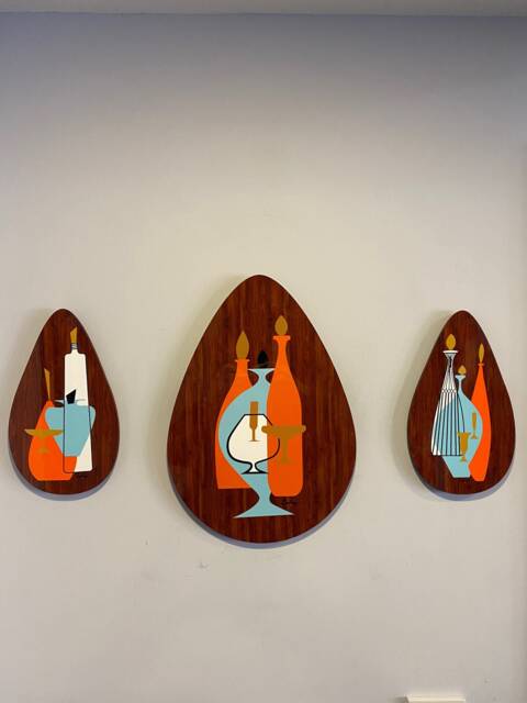 Mid Century Modern Wall Art Plaques Faux Teak Still Life, Set Of 3 - image 1