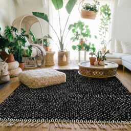 Moroccan Black Berber Rug, Handwoven Wool Shag Rug With Dotted Field, Authentic Beni Ourain Style Carpet, Large 9x12 Area - thumbnail 2