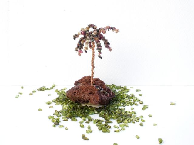 Gemstone Watermelon Tourmaline Rainbow Color Canary Islands Palm Tree On Volcanic Lava Stone Lanzarote Sculpture - October Birthstone - image 1