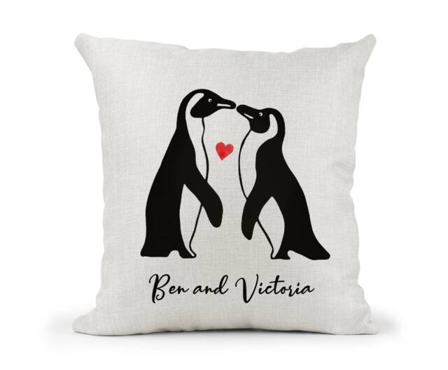 Personalised Penguin Couple Cream Canvas Cushion, Scatter Wedding, Engagement Gift, Unique Keepsake, New Home Gift - image 1