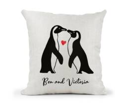 Personalised Penguin Couple Cream Canvas Cushion, Scatter Wedding, Engagement Gift, Unique Keepsake, New Home Gift - thumbnail 1