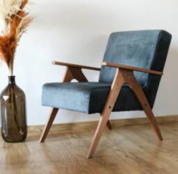 Mid Century Armchair Dark Grey Upholstery, Solid Beech Frame, Handmade