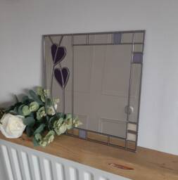 Rennie Mackintosh Style Stained Glass Effect Mirror Handmade Gift Wall Catfish Glass Art Nouveau Hearts 30x30cms - thumbnail 1