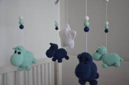 Baby Mobile With Hippo in Mint & Navy, Handmade Crochet Baby Mobile, Mobile Melody, Crib Hippo, Nursery Room - thumbnail 1