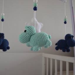 Baby Mobile With Hippo in Mint & Navy, Handmade Crochet Baby Mobile, Mobile Melody, Crib Hippo, Nursery Room - thumbnail 3