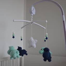 Baby Mobile With Hippo in Mint & Navy, Handmade Crochet Baby Mobile, Mobile Melody, Crib Hippo, Nursery Room - thumbnail 2
