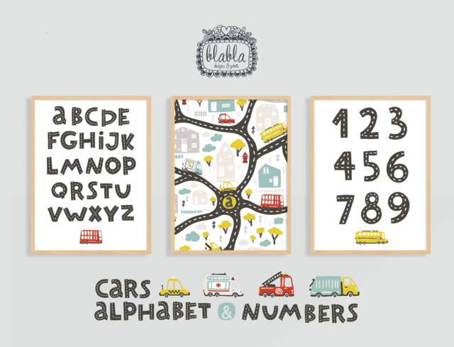 Cars Alphabet Numbers Print Set, Kids Room Decor - image 1