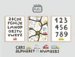 Cars Alphabet Numbers Print Set, Kids Room Decor - thumbnail 1