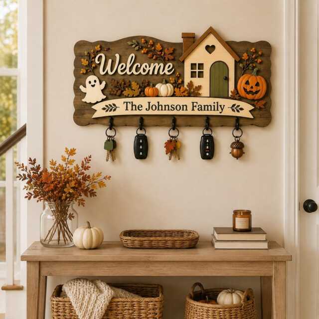 Personalized Wooden Key Holder, Custom Family Name, Farmhouse Entryway Decor - image 1