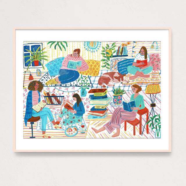 Art Print Women Reading Books Art Print, Gouache Illustration Wall Decor, Classroom Office Poster, Book Worm Feminine - image 1