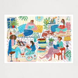 Art Print Women Reading Books Art Print, Gouache Illustration Wall Decor, Classroom Office Poster, Book Worm Feminine - thumbnail 2