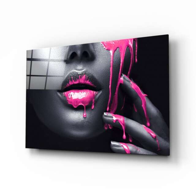 Tempered Glass Framed Wall ArtWall Decor-Wall Hanging-Large Art-Glass Printing-Glass Art-Gold Woman Art-Pink Lips - image 1