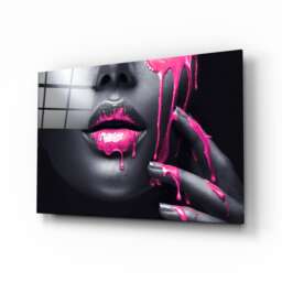 Tempered Glass Framed Wall ArtWall Decor-Wall Hanging-Large Art-Glass Printing-Glass Art-Gold Woman Art-Pink Lips - thumbnail 1