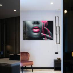 Tempered Glass Framed Wall ArtWall Decor-Wall Hanging-Large Art-Glass Printing-Glass Art-Gold Woman Art-Pink Lips - thumbnail 3