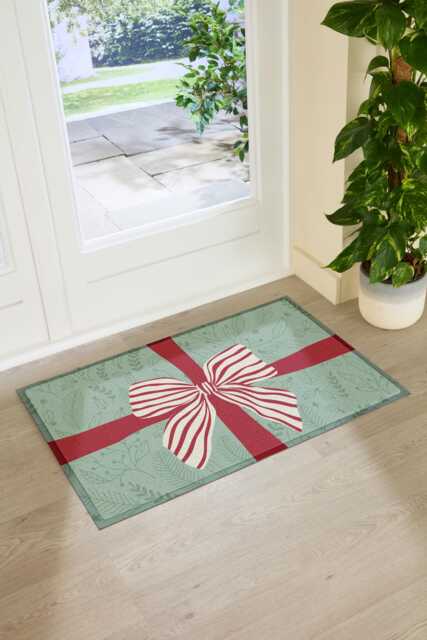 Red & White Stripe Bow Doormat Recycled PVC, Anti-Slip - 90x60cm - image 1