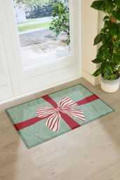 Red & White Stripe Bow Doormat Recycled PVC, Anti-Slip - 90x60cm - thumbnail 1