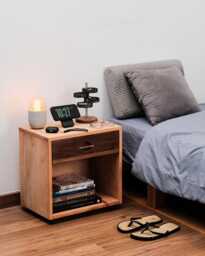 Solid Walnut & Beechwood Nightstand With Drawer, Bedside Table Brass Handle, Wooden Storage, Handmade Cabinet
