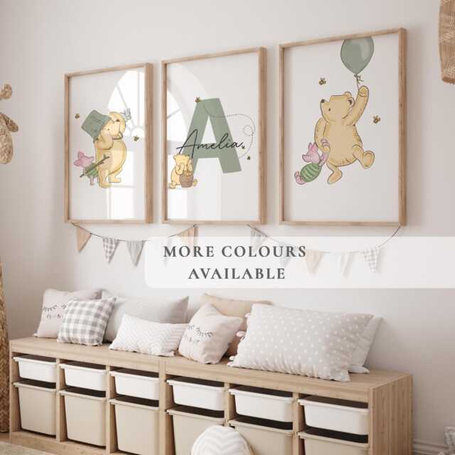 Winnie The Pooh Personalised Nursery Prints, Set Of 3 Bear Wall Art, Child Kids Decor, Digital Download, Piglet - image 1