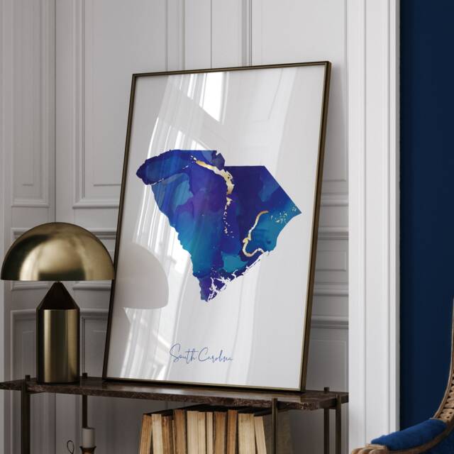 South Carolina Map Blue & Gold Wall Art Print - Us State United States Of America Usa - image 1