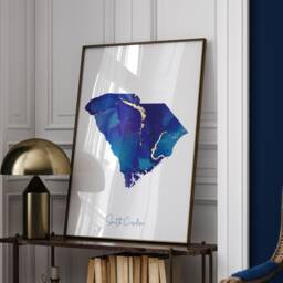 South Carolina Map Blue & Gold Wall Art Print - Us State United States Of America Usa - thumbnail 1