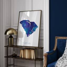 South Carolina Map Blue & Gold Wall Art Print - Us State United States Of America Usa - thumbnail 2
