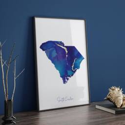 South Carolina Map Blue & Gold Wall Art Print - Us State United States Of America Usa - thumbnail 3