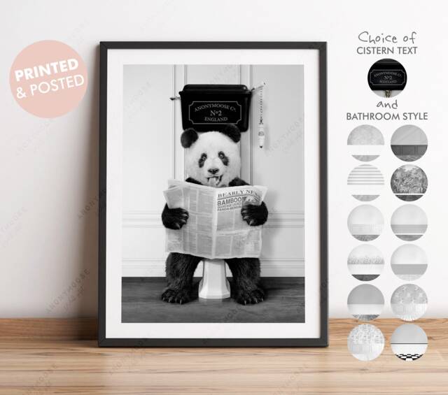 Black & White Panda On Toilet With Newspaper, Victorian Toilet, Funny Bathroom Print, Animal Bear Paper, Whimsy - image 1