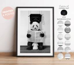 Black & White Panda On Toilet With Newspaper, Victorian Toilet, Funny Bathroom Print, Animal Bear Paper, Whimsy - thumbnail 1