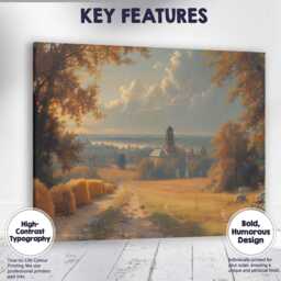 Autumn Countryside Church & Hay Bales Golden Hour Landscape Canvas Wall Art Print Decor Picture Ready To Hang - thumbnail 1