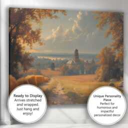 Autumn Countryside Church & Hay Bales Golden Hour Landscape Canvas Wall Art Print Decor Picture Ready To Hang - thumbnail 3