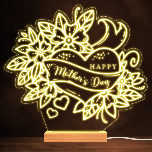 Happy Mother's Day Tattoo Style Heart Flowers Personalised Gift Lamp Night Light - image 1