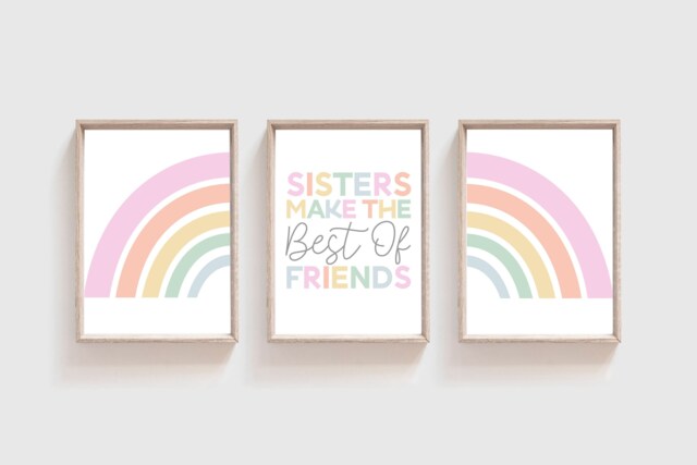 Set Of 3, Sister Make The Best Of Friends Print Set, Wall Art, Sibling Prints, Girls Bedroom Rainbow Pastel - image 1