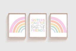 Set Of 3, Sister Make The Best Of Friends Print Set, Wall Art, Sibling Prints, Girls Bedroom Rainbow Pastel - thumbnail 1