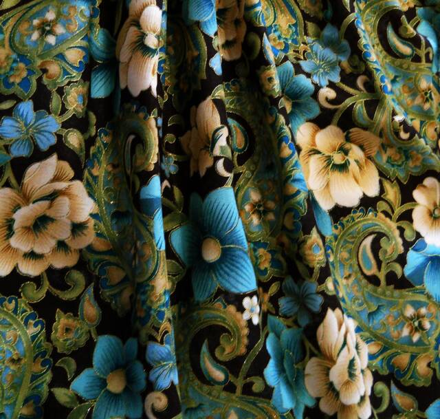 Window Decor Brown Turquoise Green Valance, Decorative Kitchen, Floral Gold Blue, Flowers Draping Lined, Bedroom Living Room Valence - image 1