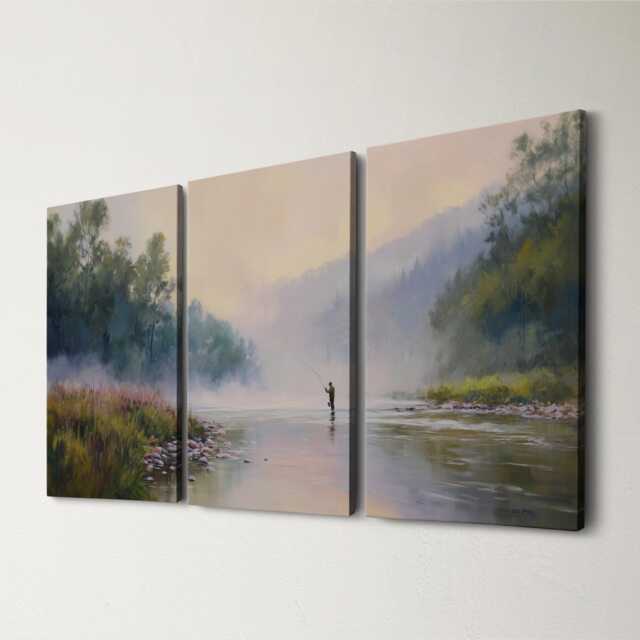Fly Fishing River 3 Panel Split Canvas Wall Art Misty Dawn Landscape Angler Casting Oil Painting Framed Home Decor Outdoor Sport - image 1