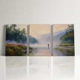 Fly Fishing River 3 Panel Split Canvas Wall Art Misty Dawn Landscape Angler Casting Oil Painting Framed Home Decor Outdoor Sport - thumbnail 3