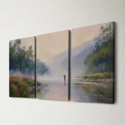 Fly Fishing River 3 Panel Split Canvas Wall Art Misty Dawn Landscape Angler Casting Oil Painting Framed Home Decor Outdoor Sport - thumbnail 1