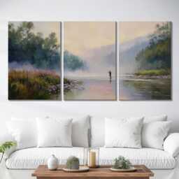 Fly Fishing River 3 Panel Split Canvas Wall Art Misty Dawn Landscape Angler Casting Oil Painting Framed Home Decor Outdoor Sport - thumbnail 2