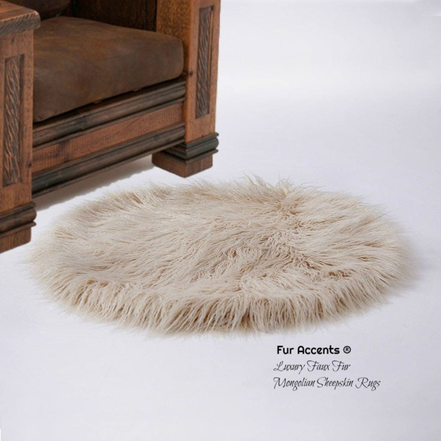 Round Faux Fur Area Rug - Mongolian Sheepskin Style, Plush Shag