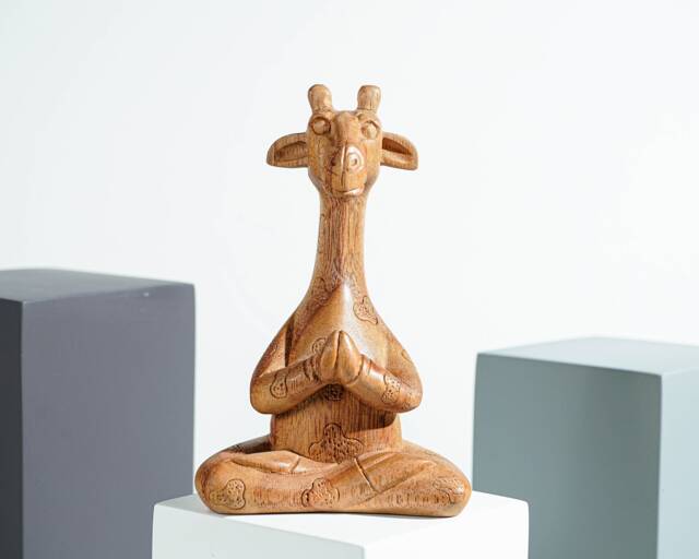 Meditating Giraffe Sculpture, Animal, Yoga, Wood Carving, Wooden Base, Meditation Statue, Figurine, Handmade, Office Decor, Appreciated Gift - image 1