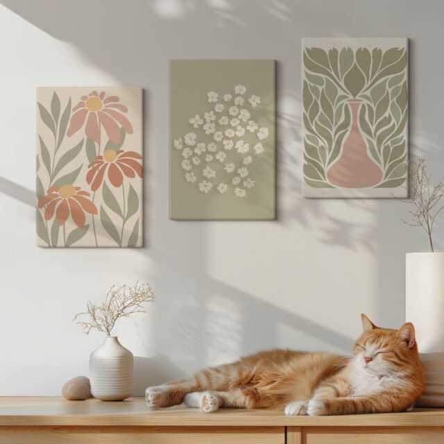 Canvas Art Set Of 3 - Floral Motifs, Minimalist Patterns, Boho Style, Green Picture Print, Plants & Flowers Wall Decor - image 1