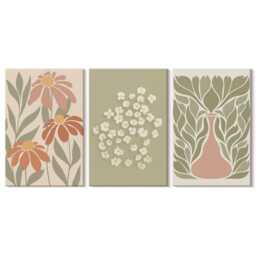 Canvas Art Set Of 3 - Floral Motifs, Minimalist Patterns, Boho Style, Green Picture Print, Plants & Flowers Wall Decor - thumbnail 3