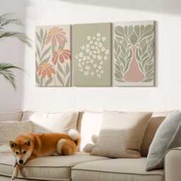 Canvas Art Set Of 3 - Floral Motifs, Minimalist Patterns, Boho Style, Green Picture Print, Plants & Flowers Wall Decor - thumbnail 2