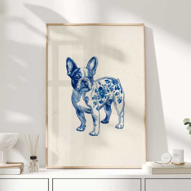 French Bulldog Art Print - Blue & White Dog Illustration Chinoiserie Style Wall For Kitchen Or Hallway - image 1