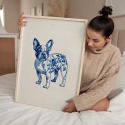 French Bulldog Art Print - Blue & White Dog Illustration Chinoiserie Style Wall For Kitchen Or Hallway - thumbnail 2