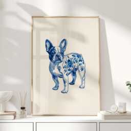 French Bulldog Art Print - Blue & White Dog Illustration Chinoiserie Style Wall For Kitchen Or Hallway - thumbnail 1
