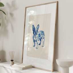 French Bulldog Art Print - Blue & White Dog Illustration Chinoiserie Style Wall For Kitchen Or Hallway - thumbnail 3