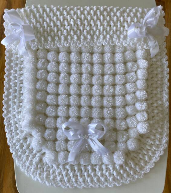 White Baby Blanket, Pom & Crochet Trim - image 1