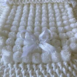 White Baby Blanket, Pom & Crochet Trim - thumbnail 2